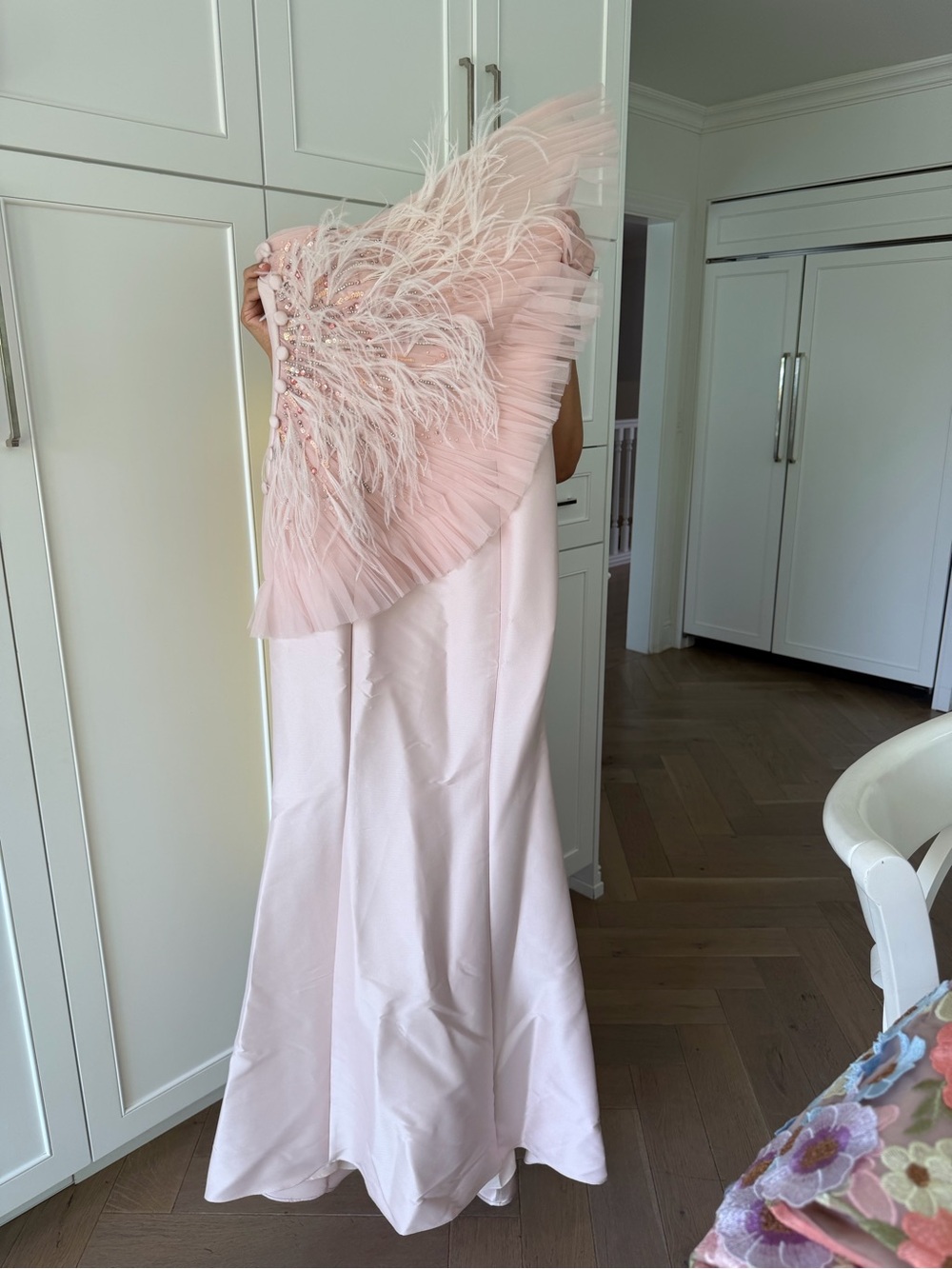 Badgley Mischka Blush Feather-Trim Strapless Maxi Gown - Picture 2 of 8